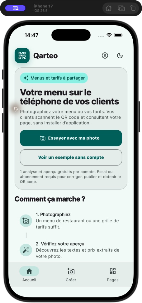 Accueil de l’application Qarteo