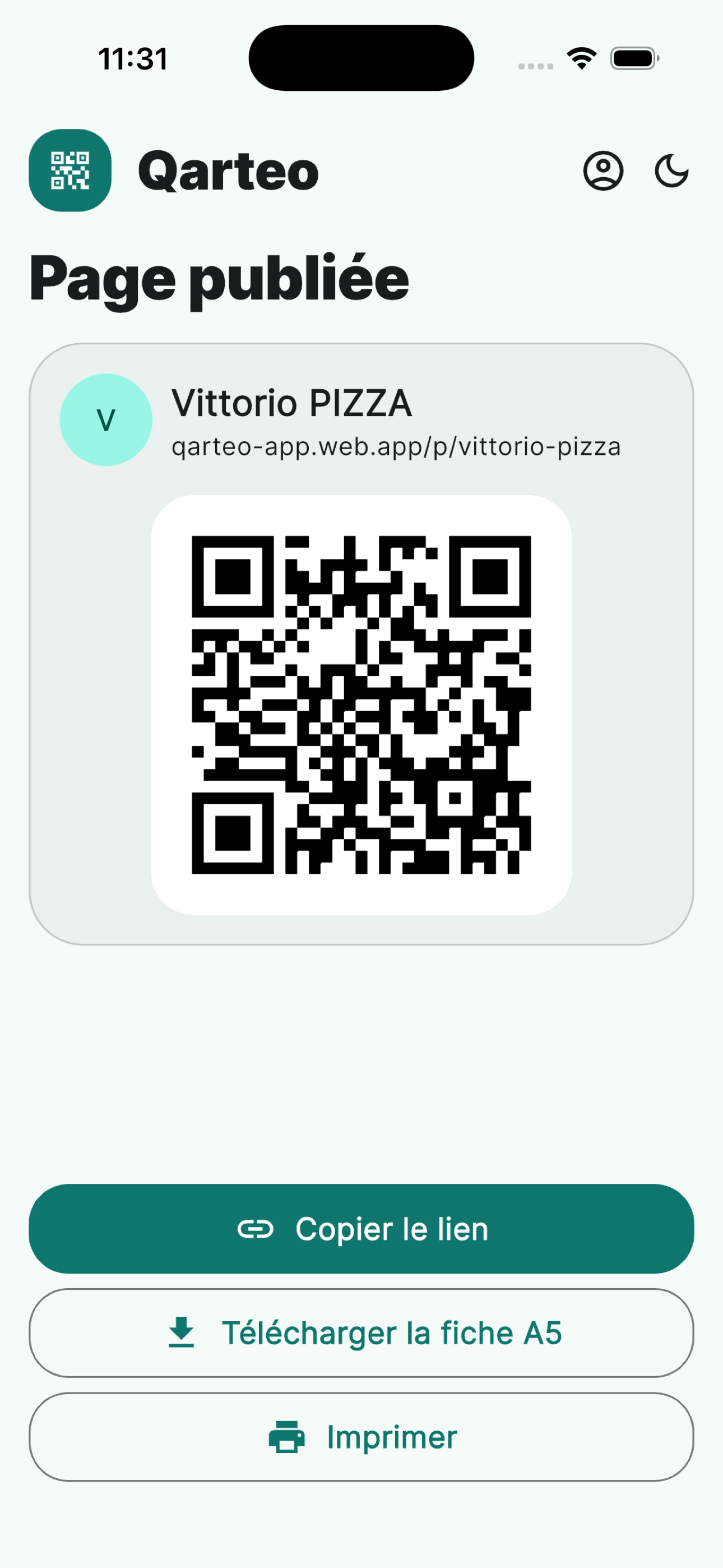 Page QR créée dans Qarteo