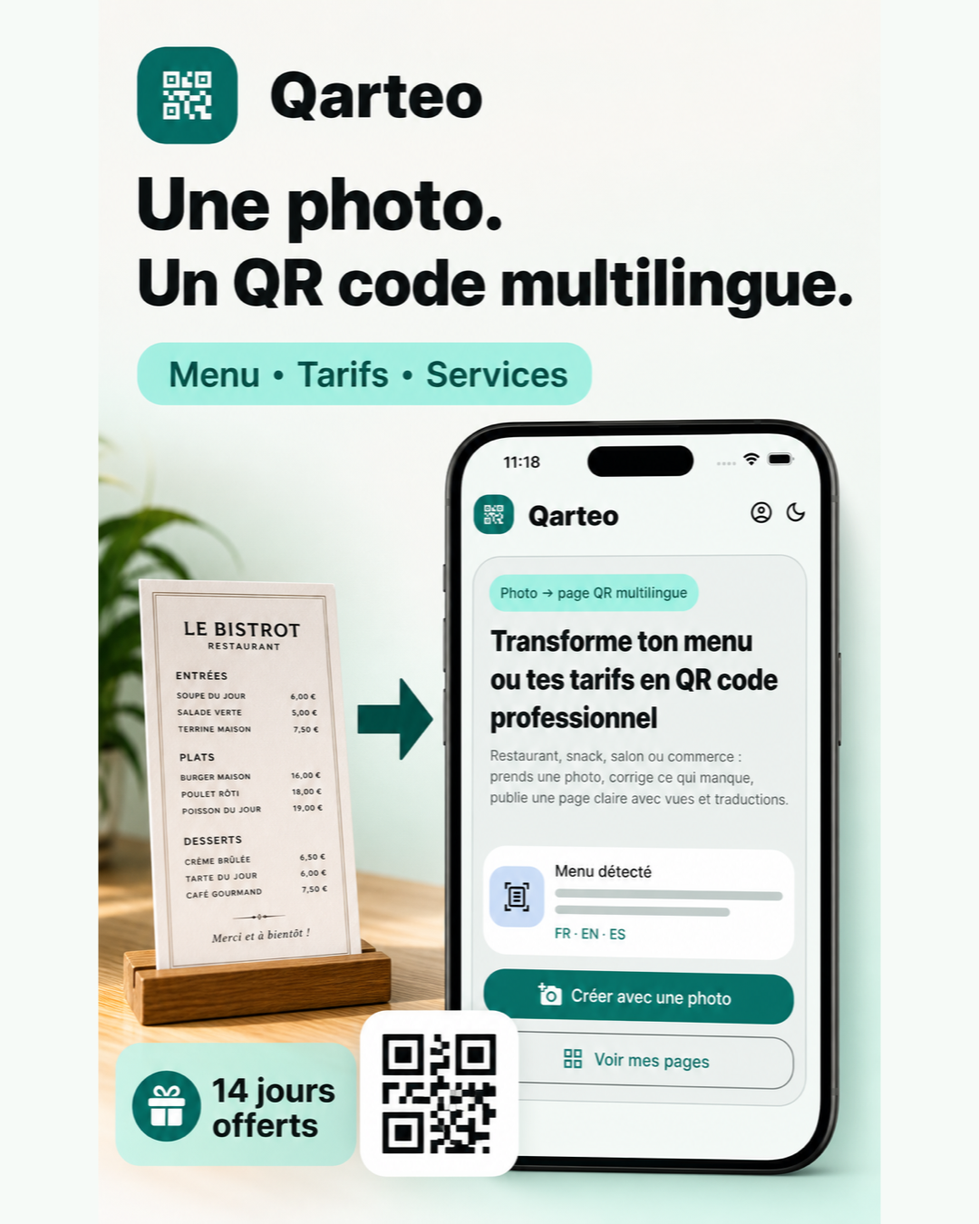 Qarteo transforme un menu photographié en page QR multilingue